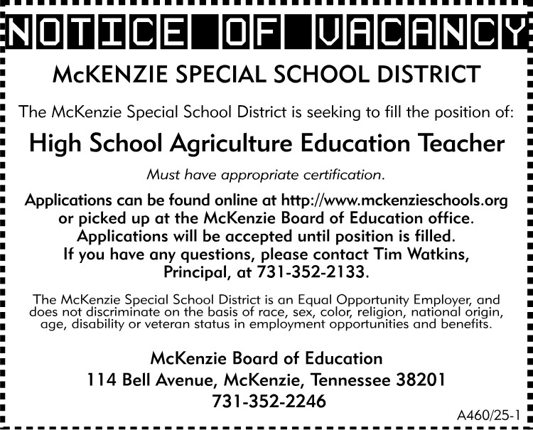 Notice of Vacancy MSSD - High School Agriculture Education Teacher