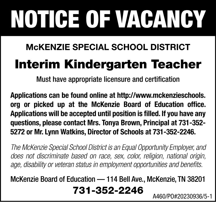 Notice of Vacancy - MSSD Interim Kindergarten Teacher