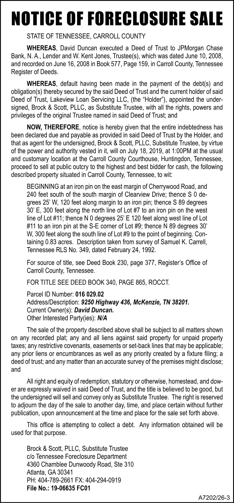 Notice of Foreclosure Sale - DUNCAN