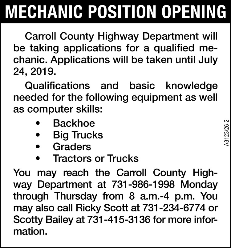 Job Opening - Mechanic - Carroll County Highway Department