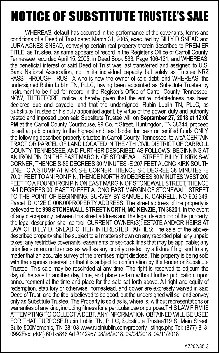 Notice of Substitute Trustee Sale - Snead