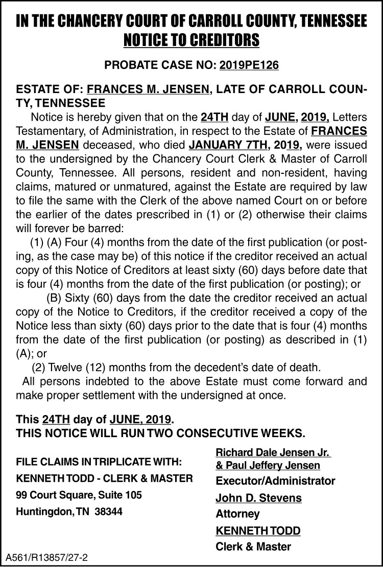 Notice to Creditors - JENSEN