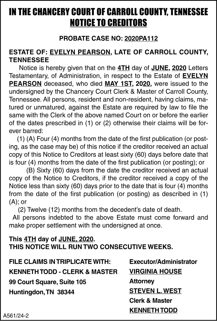 Notice to Creditors - PEARSON