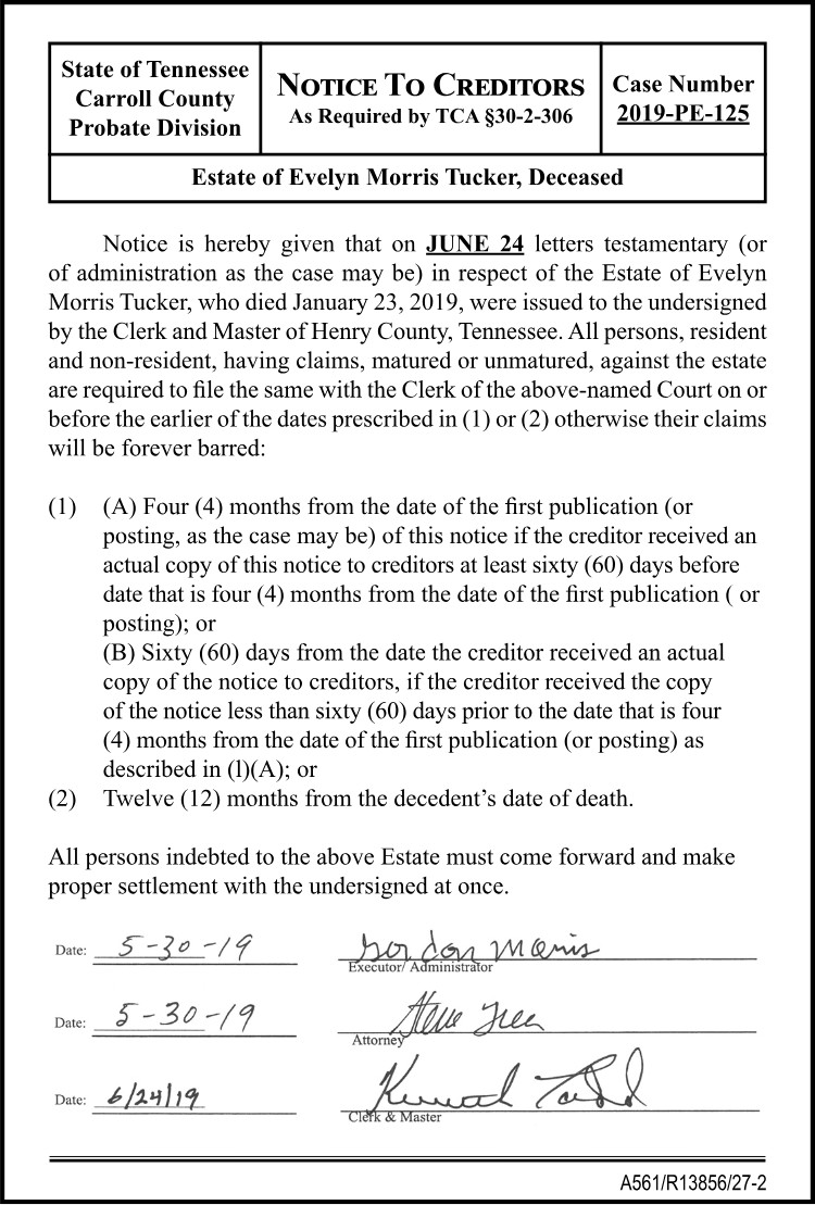 Notice to Creditors - TUCKER