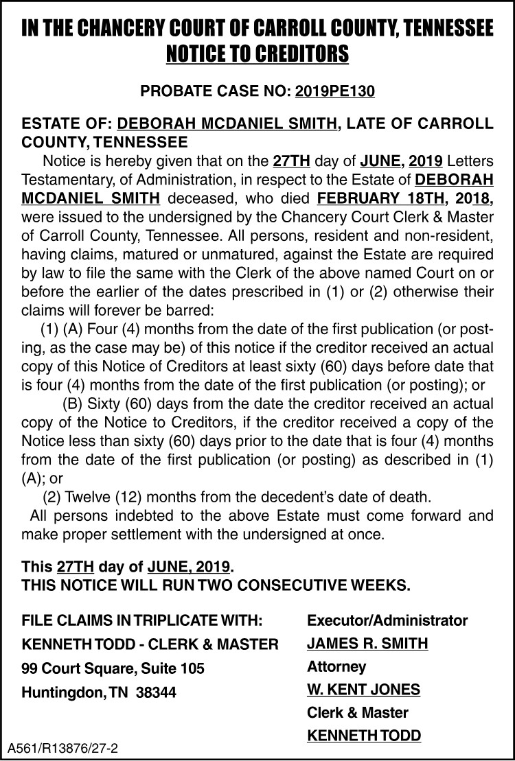 Notice to Creditors - Deborah M Smith