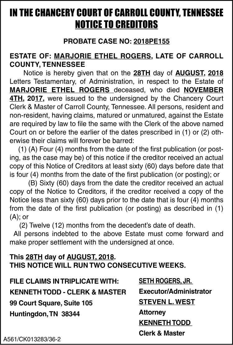 Notice to Creditors - Marjorie Ethel Rogers