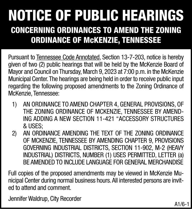 Notice of Public Hearings - McKenzie Zoning Ordinance