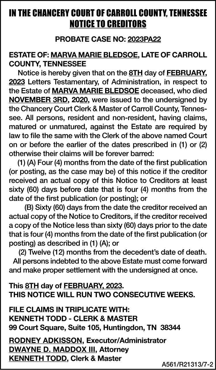 Notice to Creditors - BLEDSOE