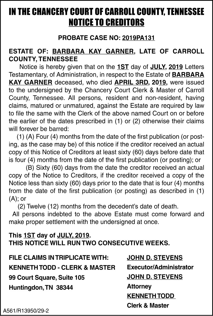 Notice to Creditors - BARBARA KAY GARNER