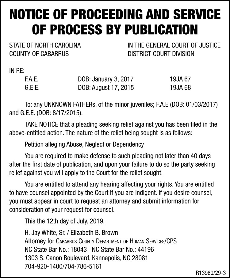 Notice of Proceeding and Service of Process - Cabarrus Co
