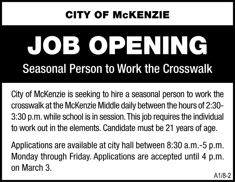 City of McKenzie Job Opening - MMS Crosswalk