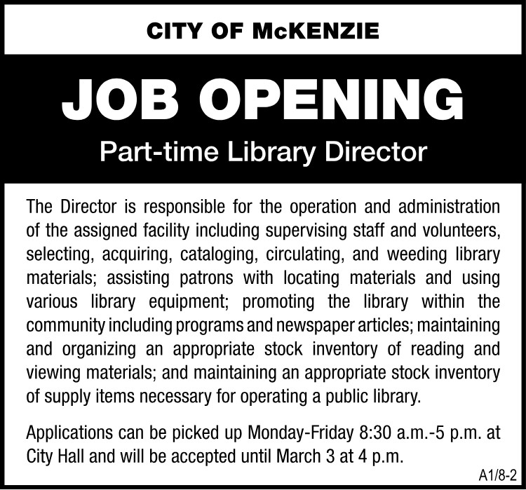 City of McKenzie Job Opening - Library Director