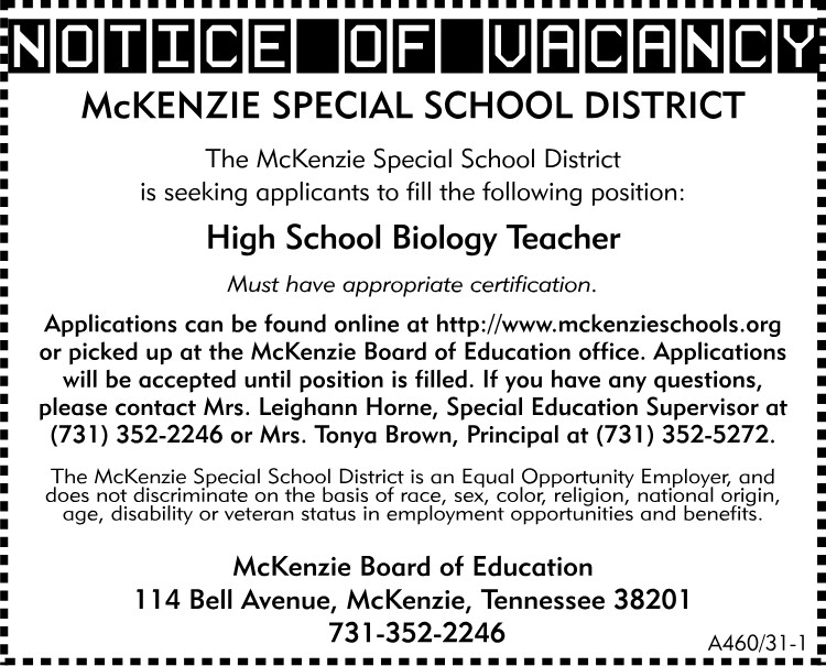 MSSD - Notice of Vacancy High School Biology Teacher