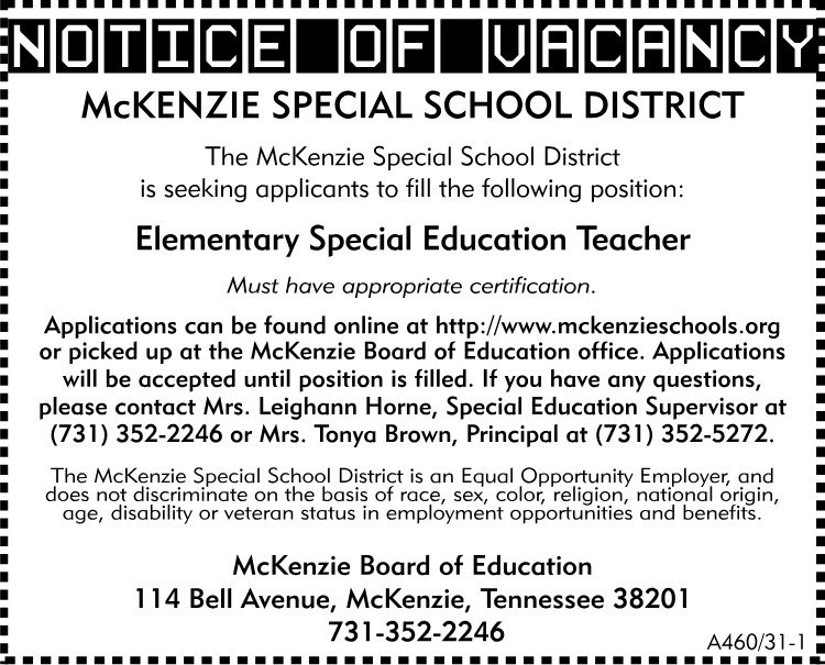 MSSD - Notice of Vacancy Elementary Special Education Teacher