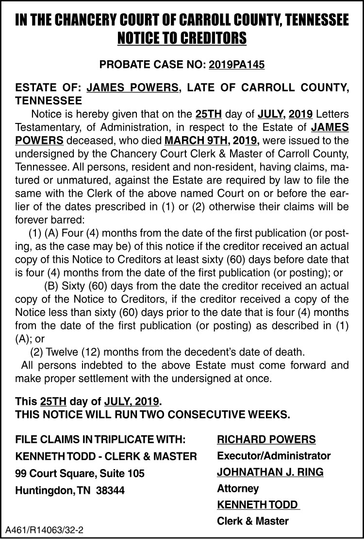 Notice to Creditors - JAMES POWERS