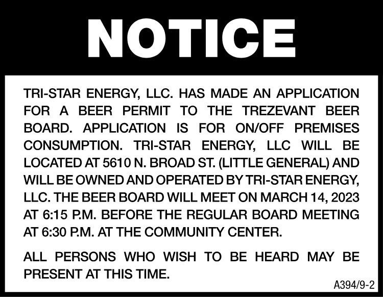 Notice - Tri-Star Energy Beer Permit