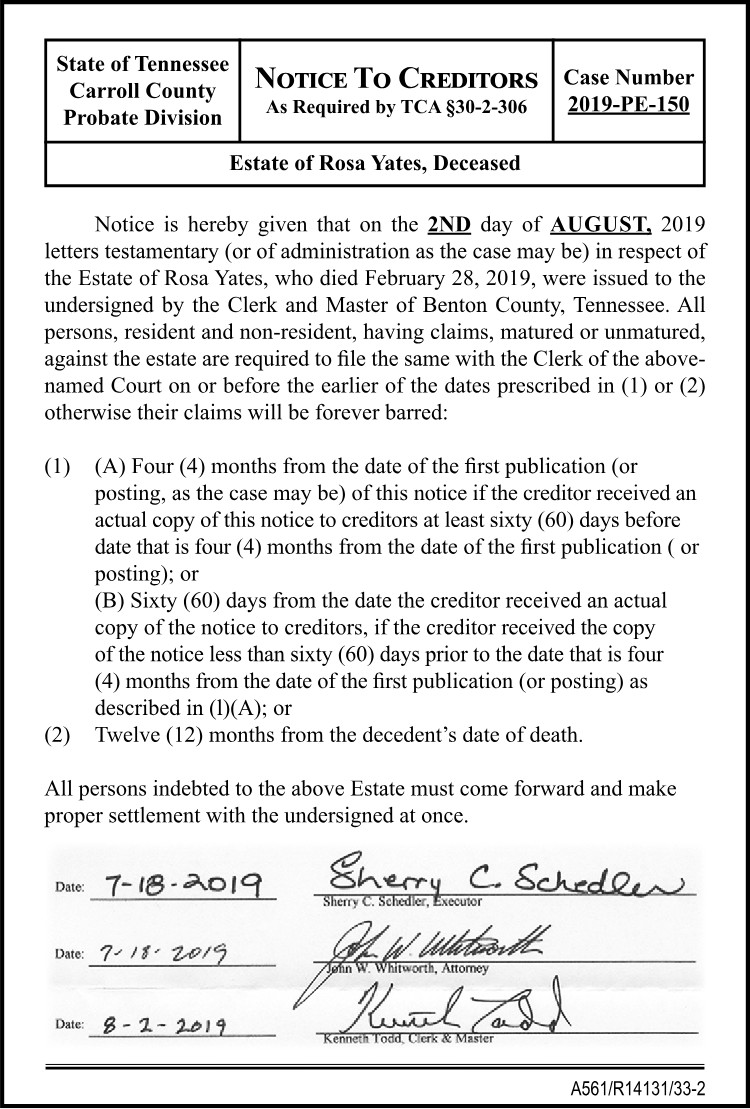 Notice to Creditors - YATES