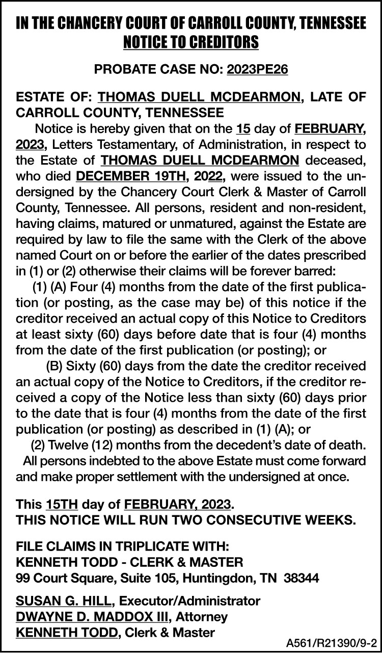 Notice to Creditors - McDearmon