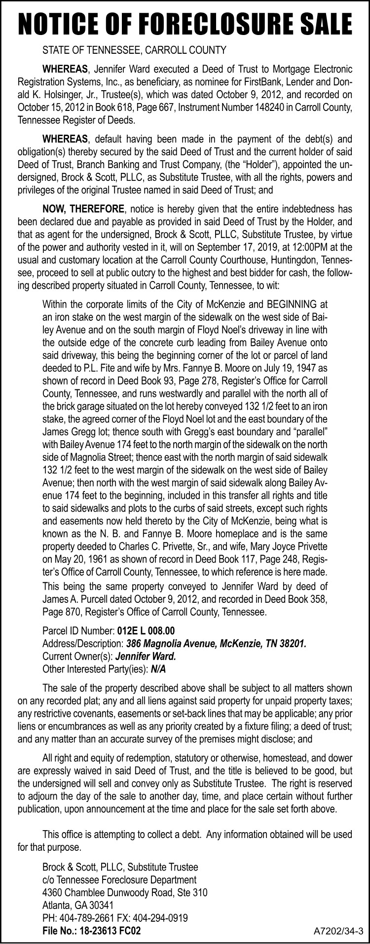 Notice of Foreclosure Sale - WARD