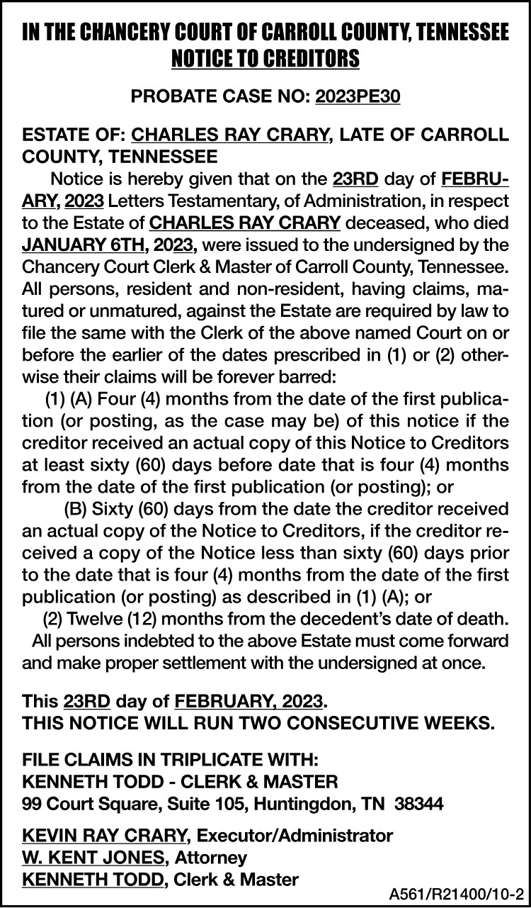 Notice to Creditors - CRARY