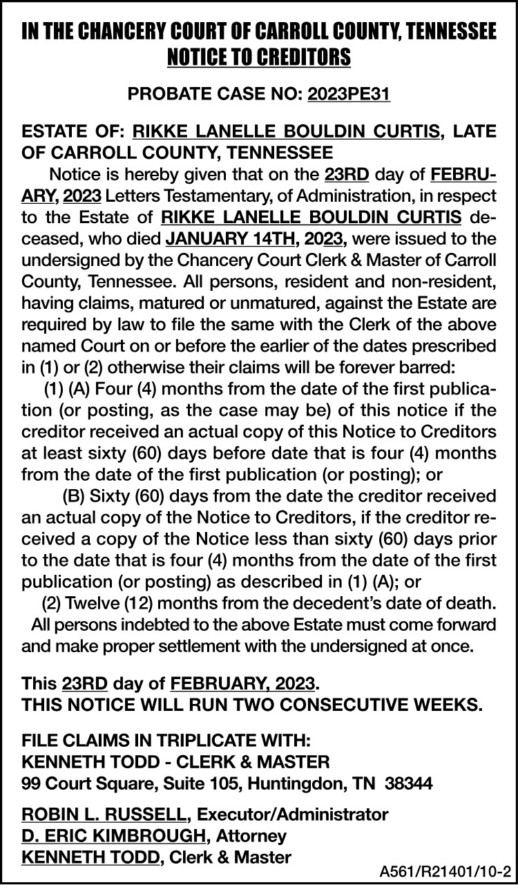 Notice to Creditors - CURTIS