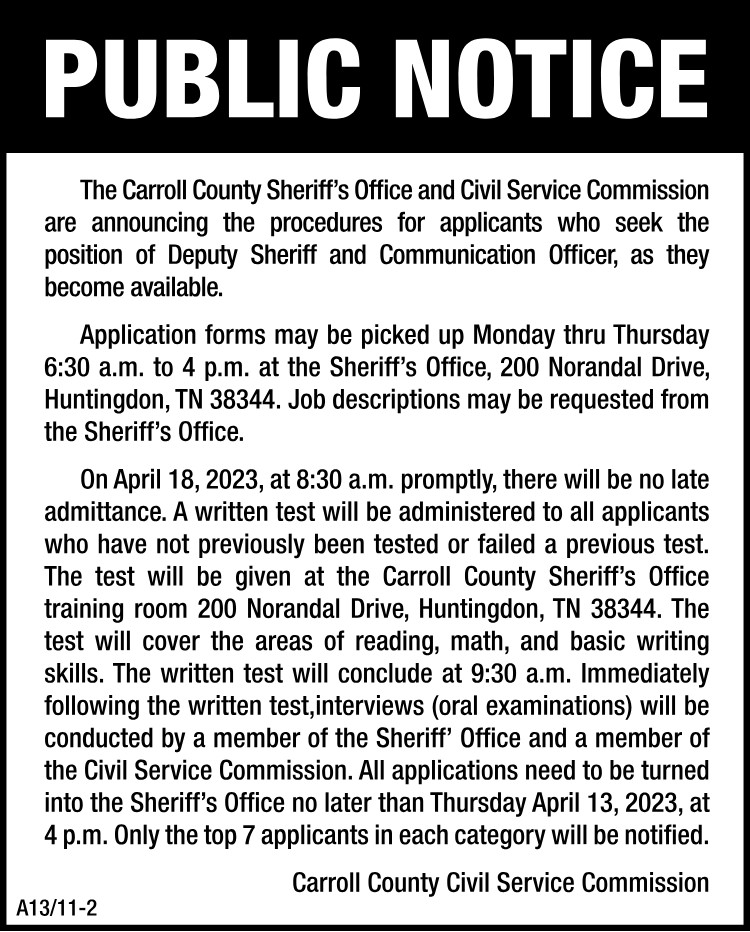 Public Notice - Carroll County Sheriffs Office Hiring