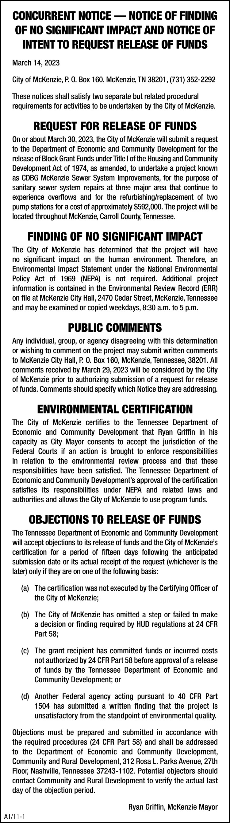 City of McKenzie - Notice Release of Funds