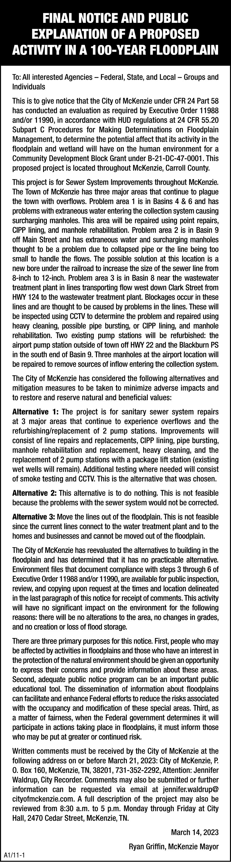 City of McKenzie - Notice 100-Year Floodplan