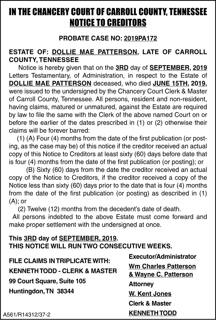 Notice to Creditors - PATTERSON