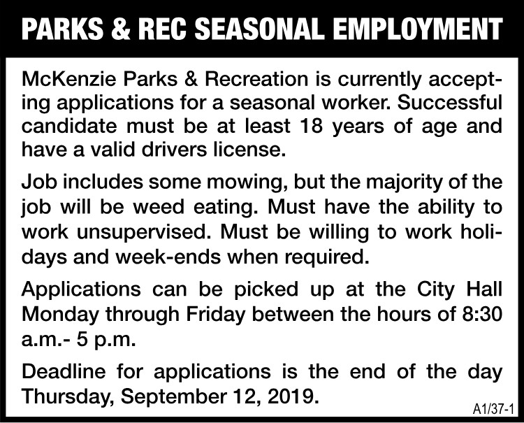Parks & Rec Seasonal Employment Job Notice
