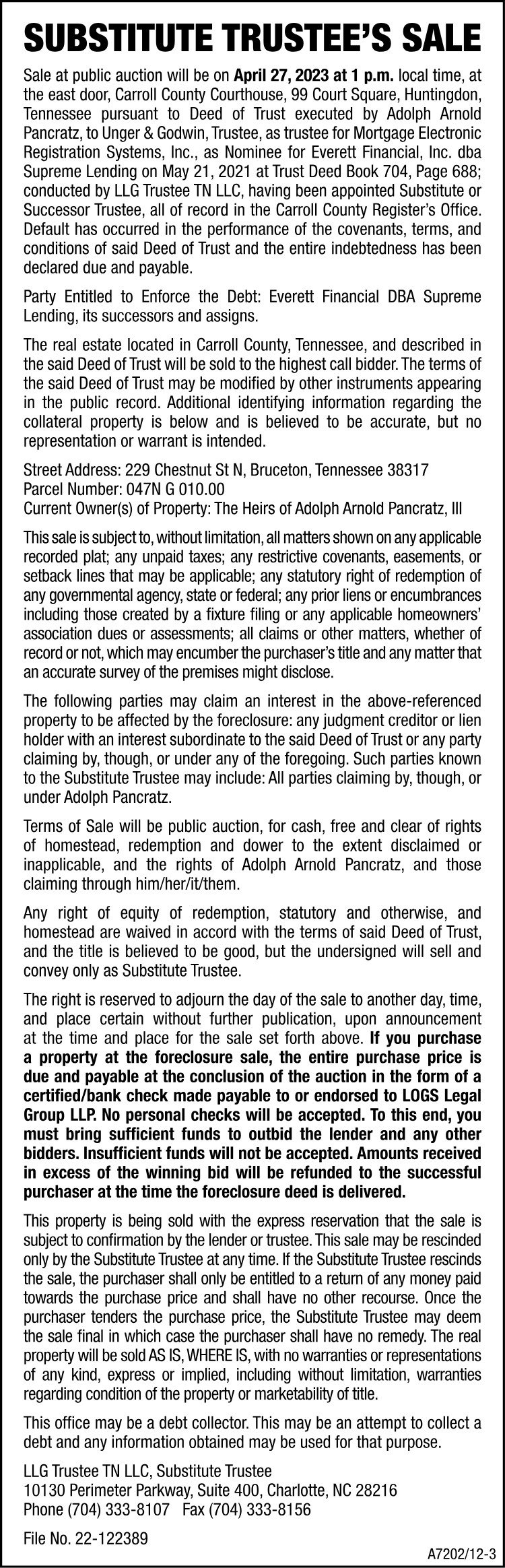 Notice of Substitute Trustee - Adolph Arnold