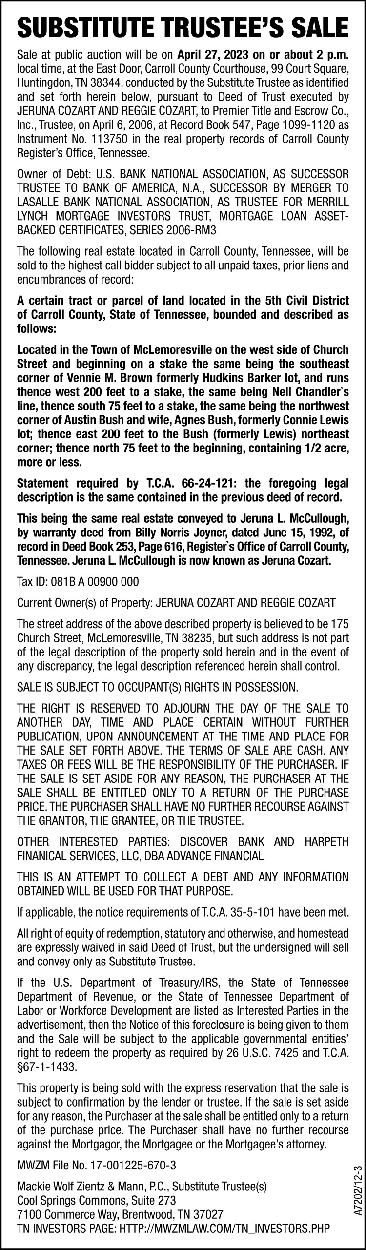 Notice of Substitute Trustee - Cozart