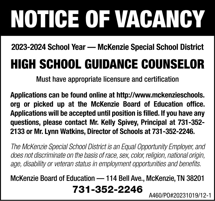 Notice of Vacancy - High School Guidance Counselor