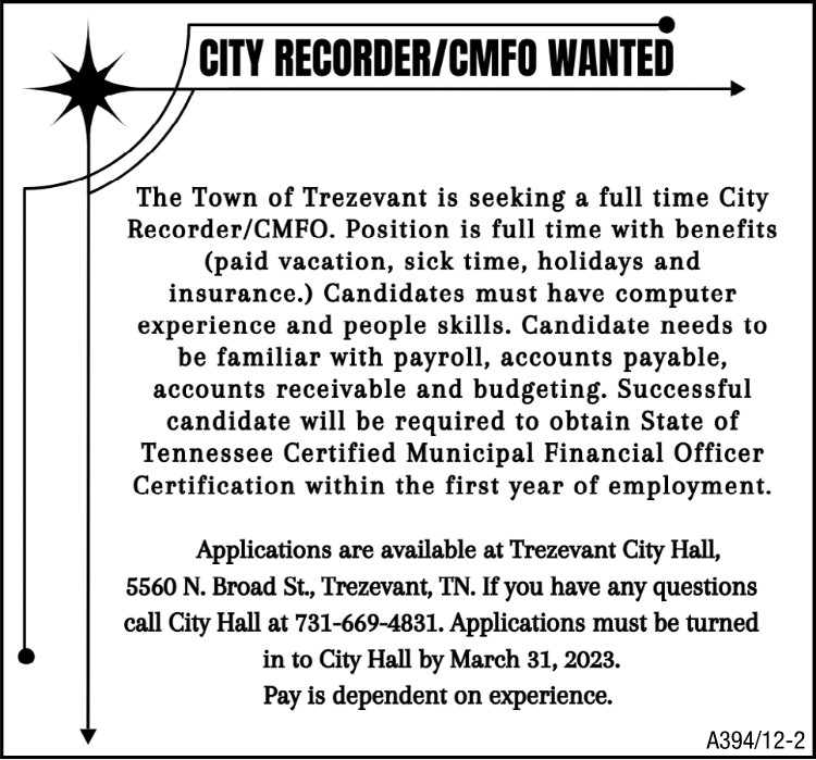 Town of Trezevant - Full time City Recorder