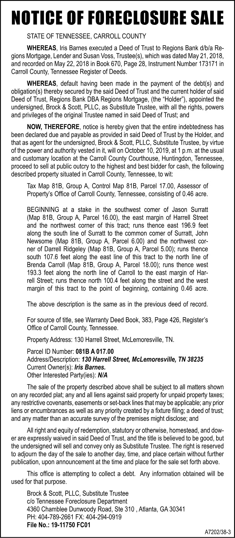 Notice of Foreclosure - BARNES