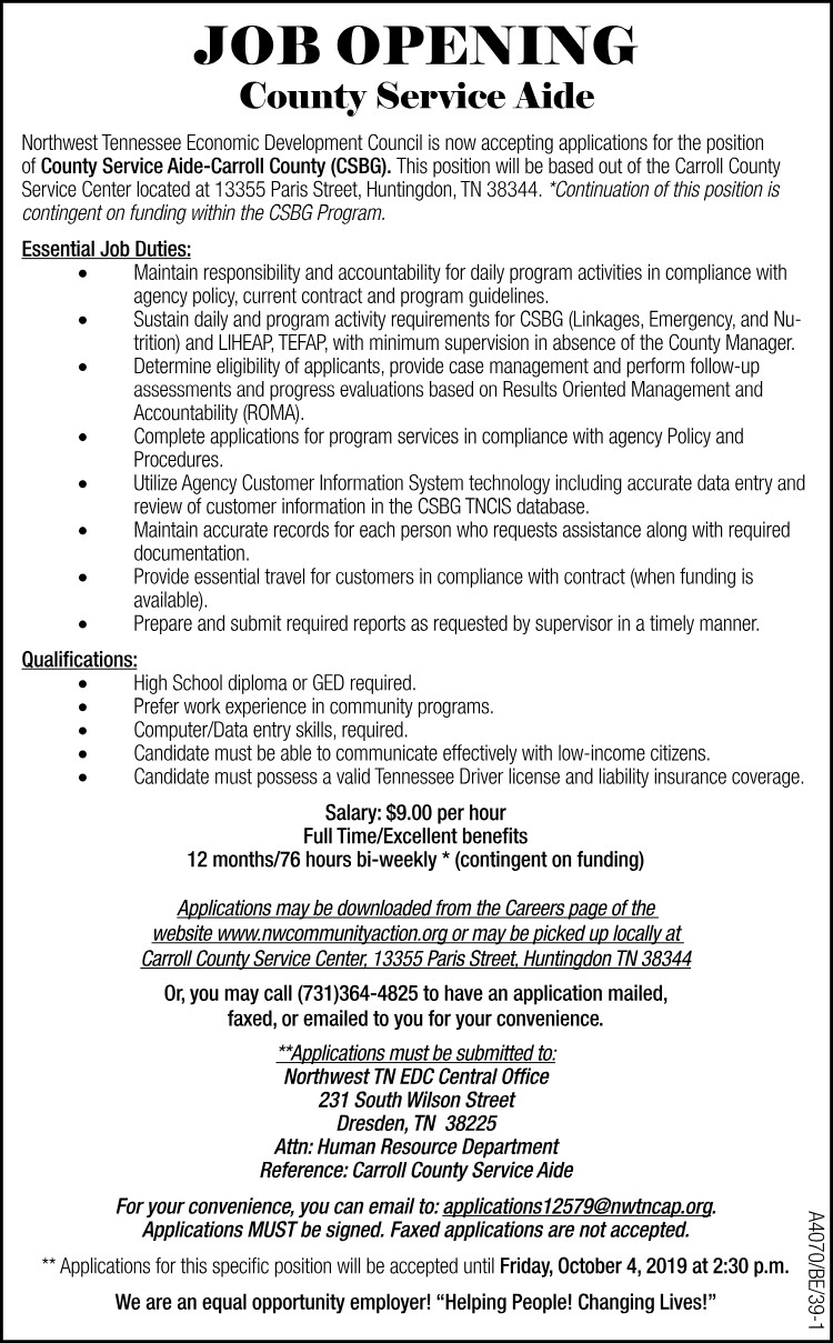NWTN Job Opening County Service Aide