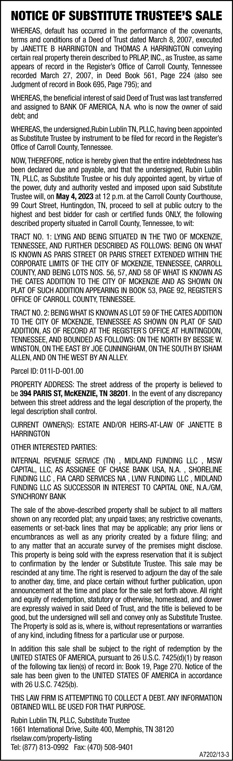 Notice of Substitute Trustee - HARRINGTON