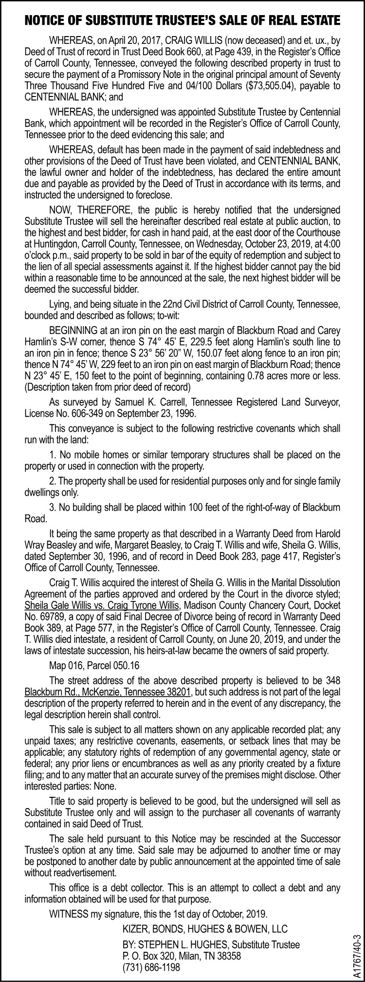 Notice Substitute Trustee Sale WILLIS