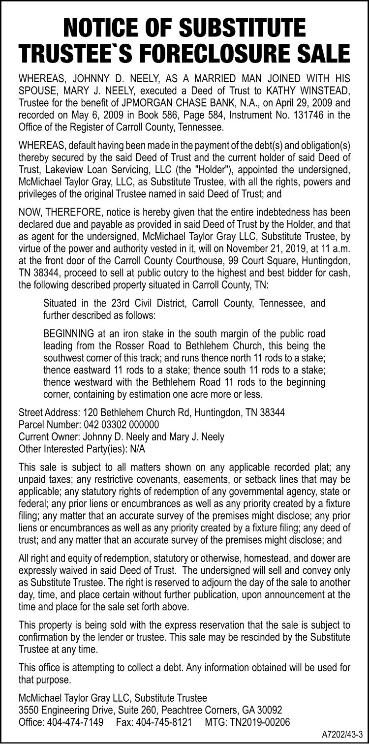 Notice of Substitute Trustee Foreclosure Sale - NEELY