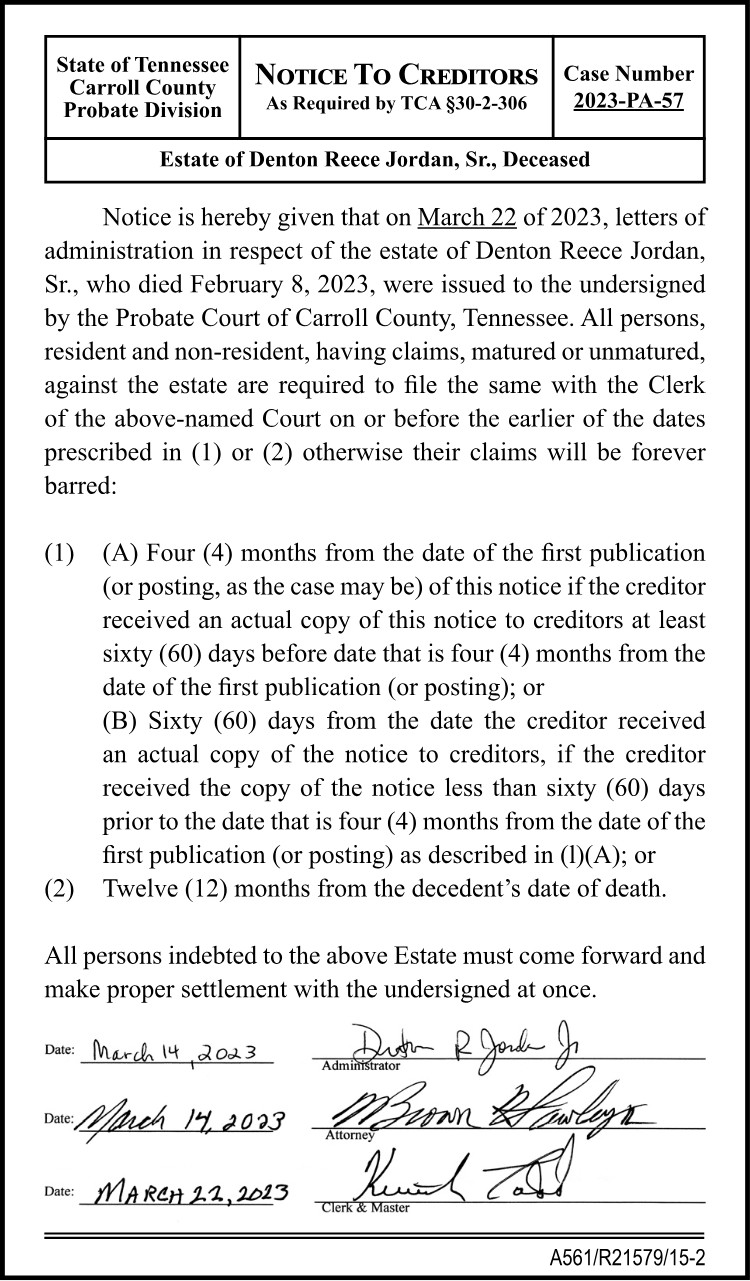Notice to Creditors - Denton Reece