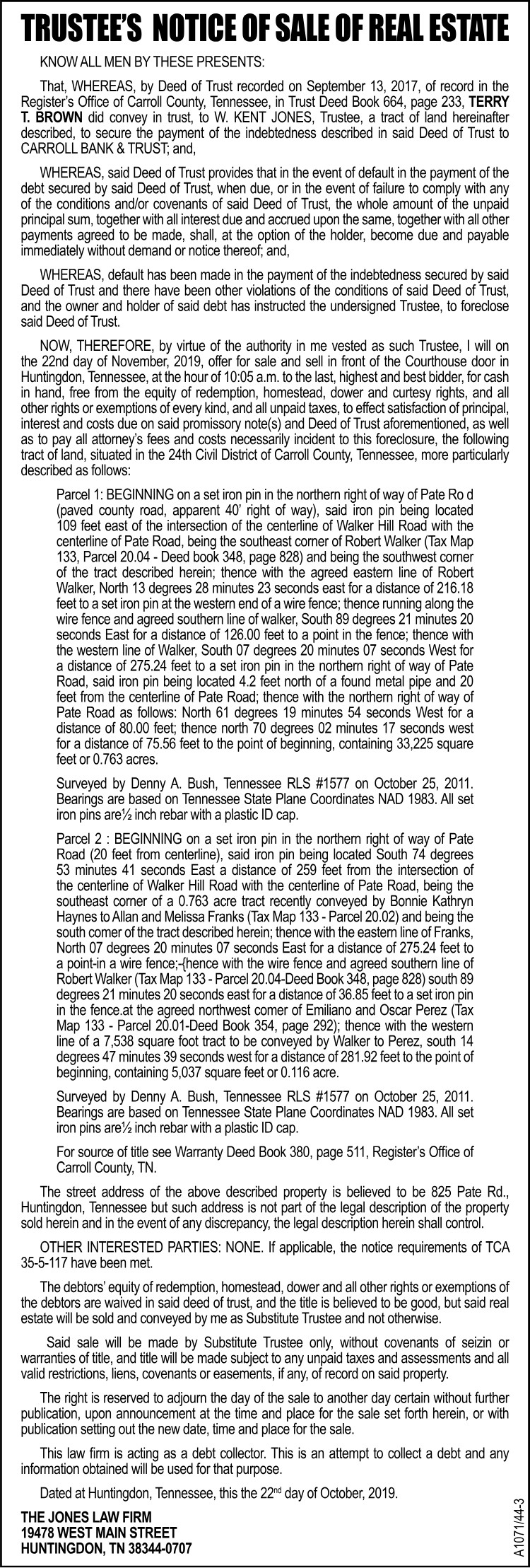 Substitute Trustees Notice of Sale of Real Estate - BROWN