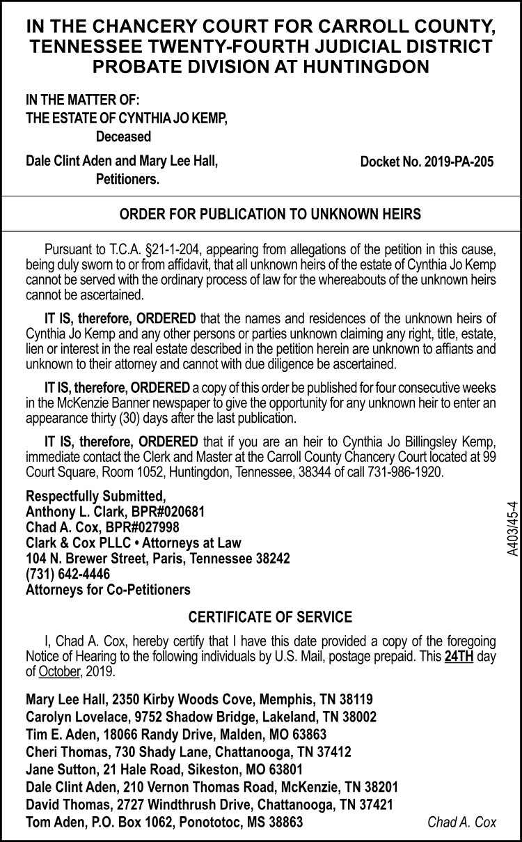 Order of Publication - Kemp