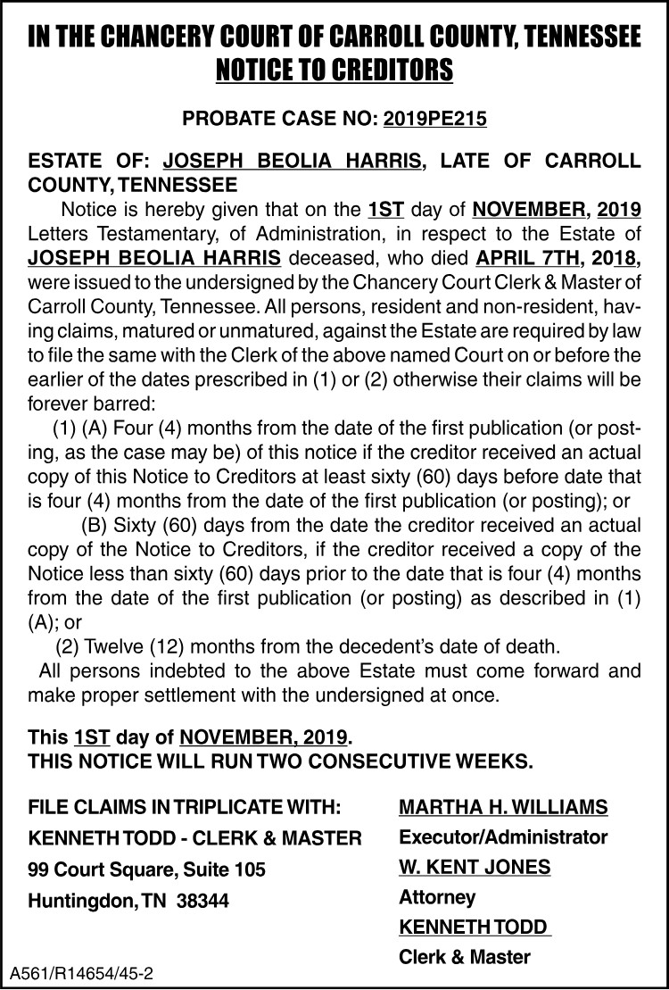 Notice to Creditors - JOSEPH HARRIS