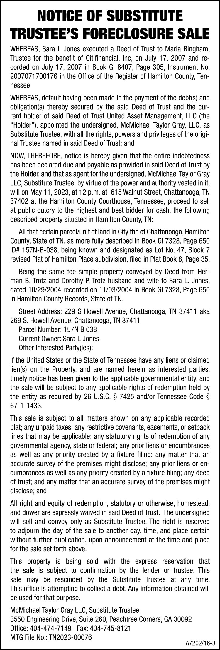 Notice of Foreclosure - JONES