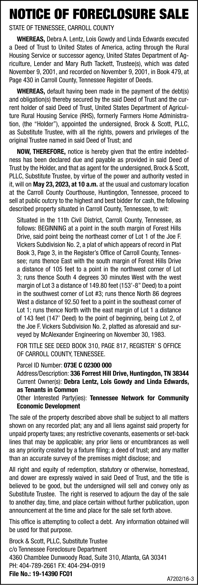 Notice of Foreclosure - Lentz-Gowdy-Edwards