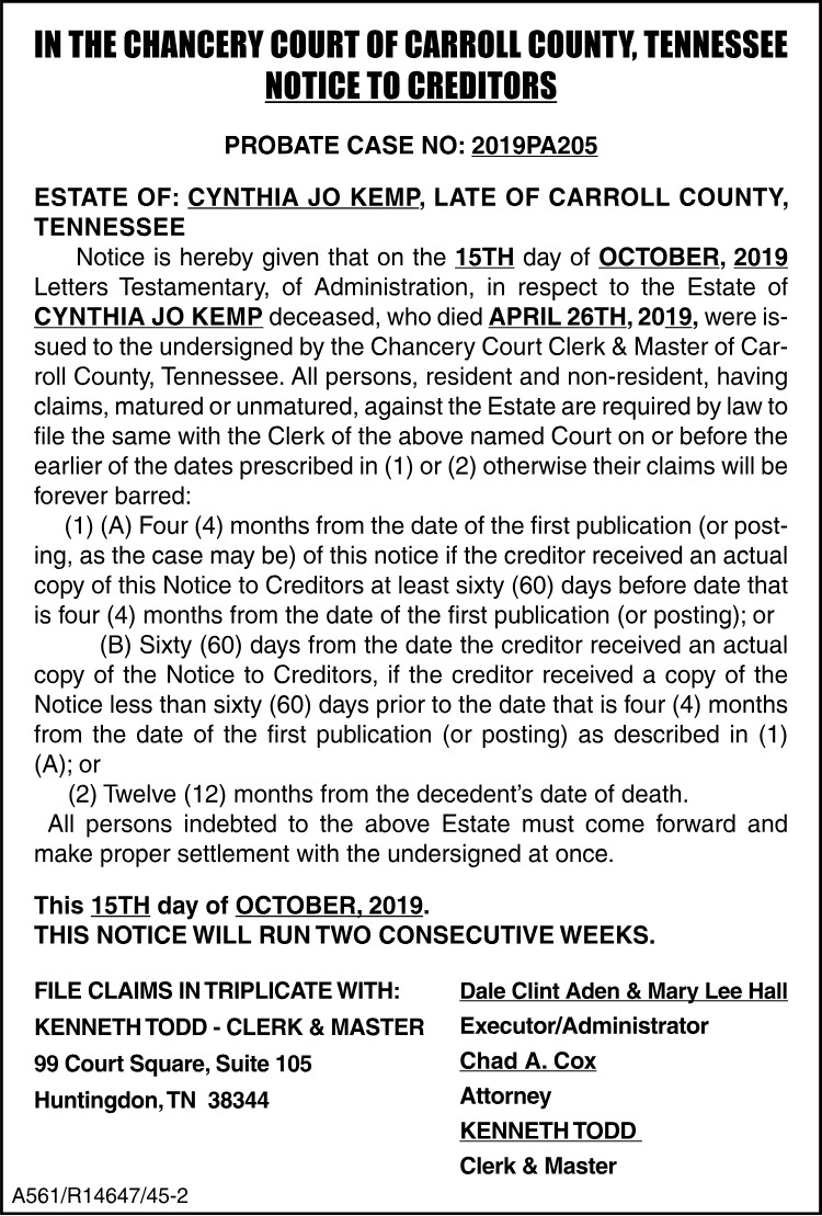 Notice to Creditors -CYNTHIA KEMP