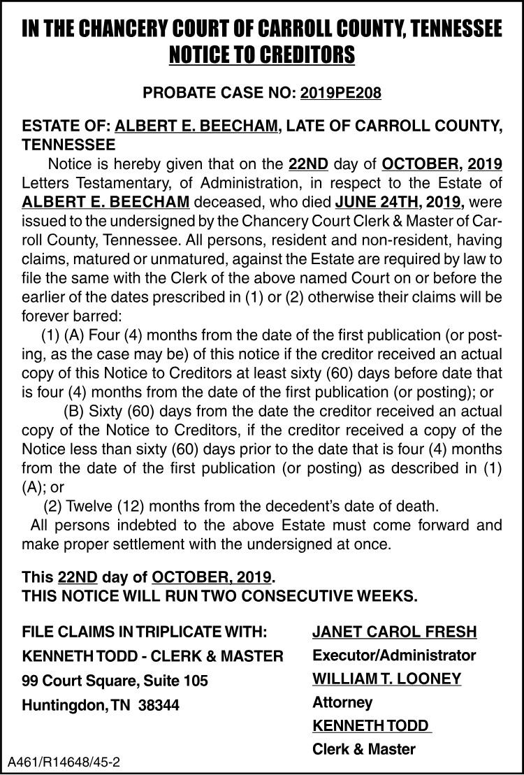 Notice to Creditors - ALBERT BEECHAM