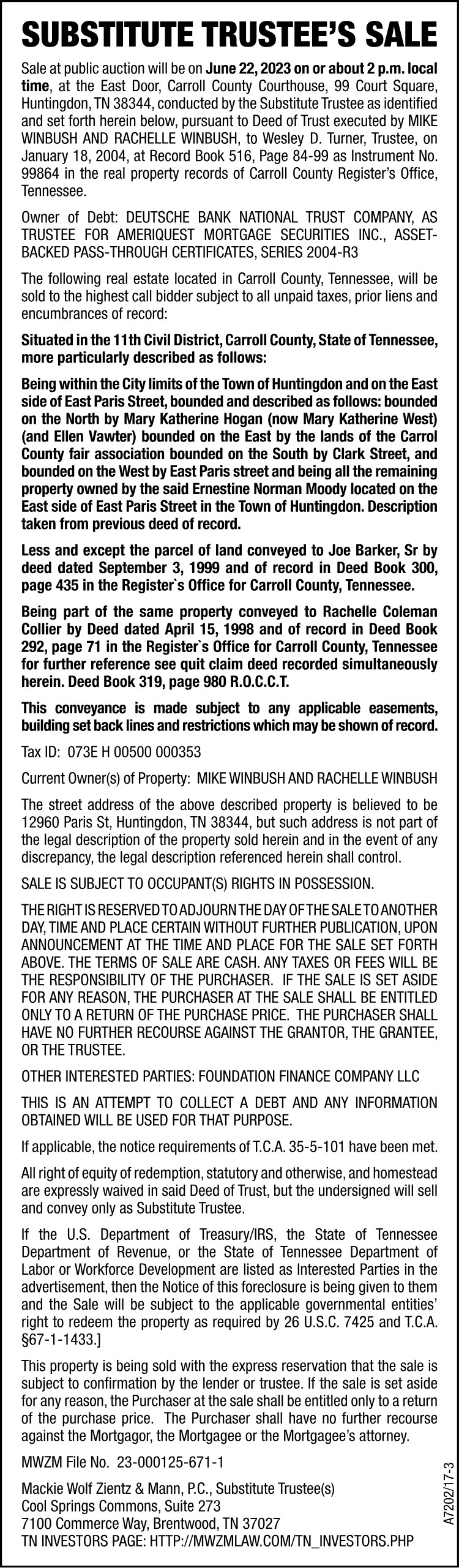 Notice of Substitute Trustee - Winbush