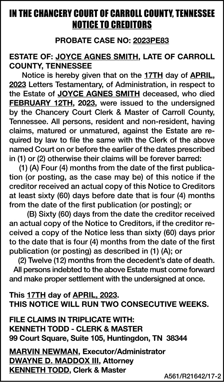 Notice to Creditor - Smith
