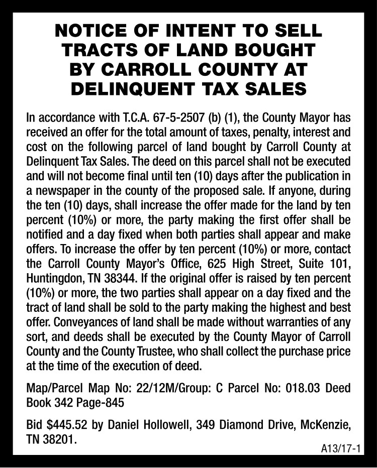 Notice of Intent to Sell Land-HOLLOWELL